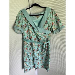 Lindy Bop Georgina Blue Blossoms Bird Pin Up Printed Stealth mini Dress Size 18